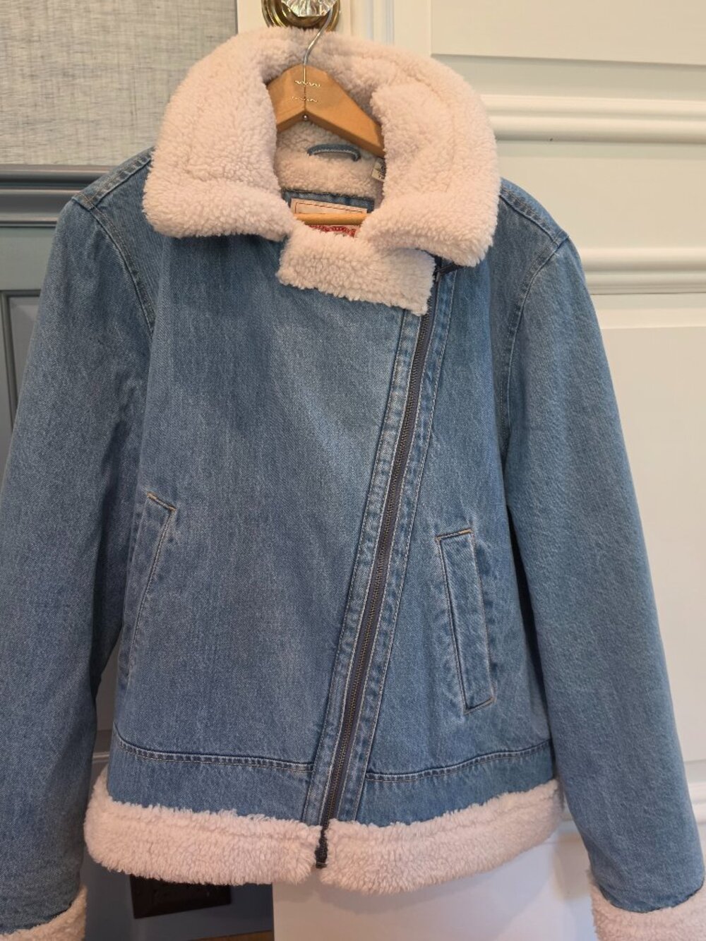 Levi's Sherpa Lined Denim Moto Jacket Cream Faux Shearling XL